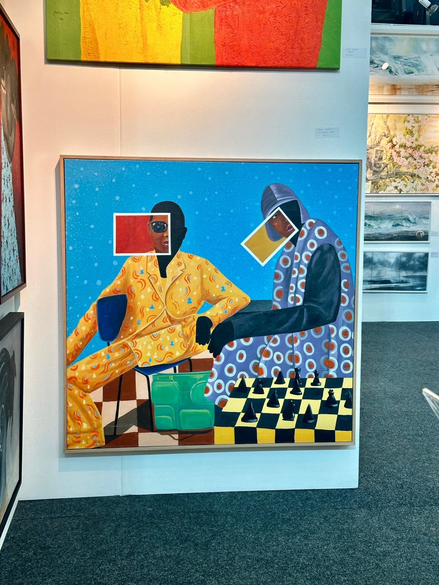 Renaissance Man" is a vibrant, retro-style acrylic on canvas by Afuope Opeyemi, depicting two abstract figures in patterned attire and visors at a chessboard—a striking piece perfect for art galleries.