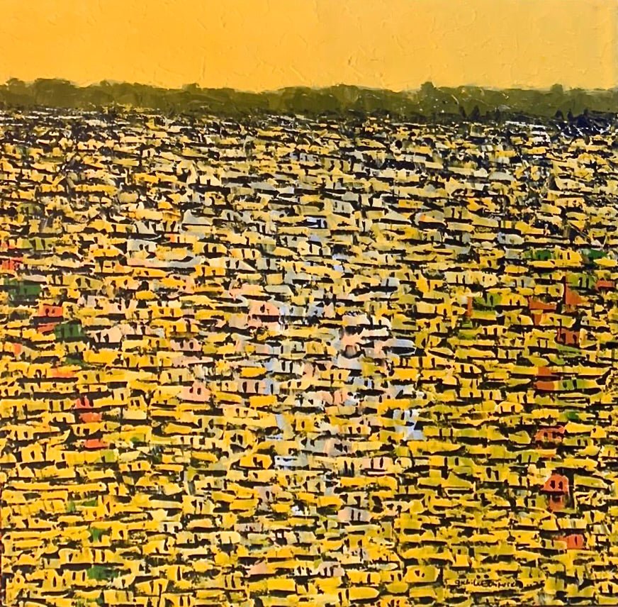 “Rooftops Series” by Akhile Ehiforia is a vibrant acrylic on canvas featuring dense yellow rooftops under a bright sky and dark green treeline. Hand-signed by the artist, it includes a certificate of authenticity.