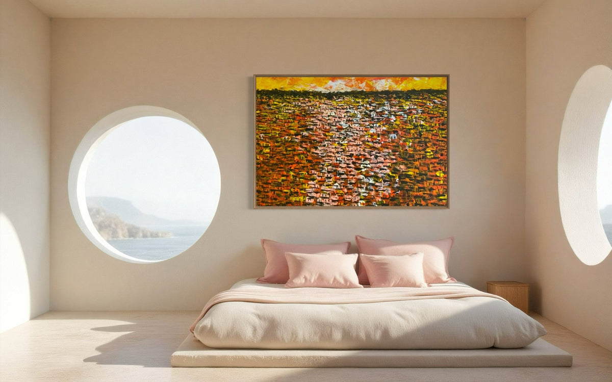 "Rooftops Series" in Yellow/Orange by Akhile Ehiforia - Bibianna African Art Collective