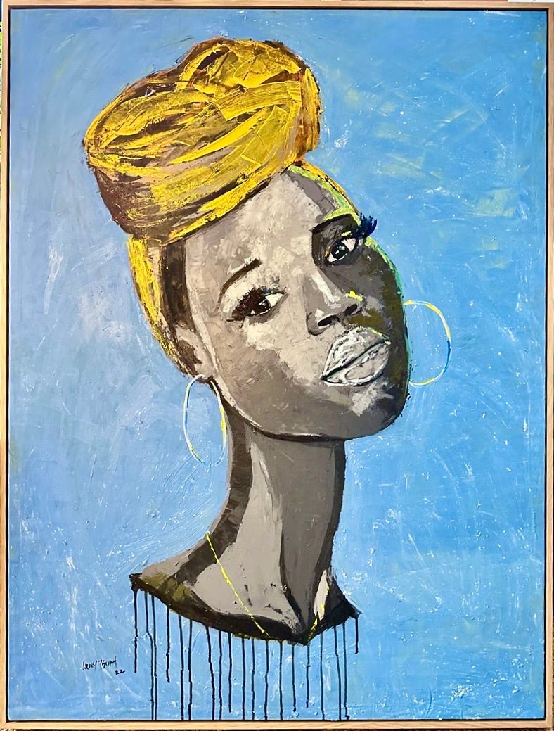 Saffron Gaze" Portrait by Lucky Isaiah depicts a woman in a yellow headwrap, hoop earrings, and gold necklace on blue, her tilted pose and dripped paint capturing expressive African art.