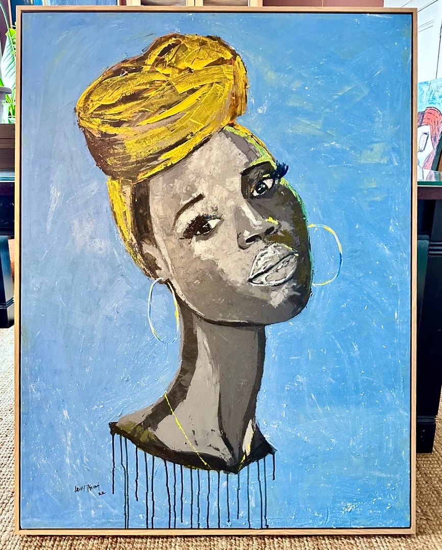 Saffron Gaze" Portrait by Lucky Isaiah features a woman with dark skin, gold hoop earrings, and a yellow headwrap against blue. Bold brushstrokes and abstract qualities evoke vibrant contemporary African art.
