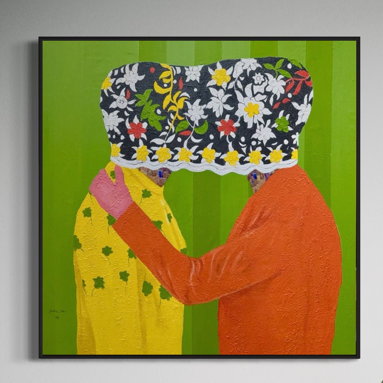 Secrets" by Slam Austin is a vibrant 122x122cm acrylic on canvas showing two figures—one in yellow with green spots, the other in orange—embracing with floral fabric over their heads, set against green vertical stripes.