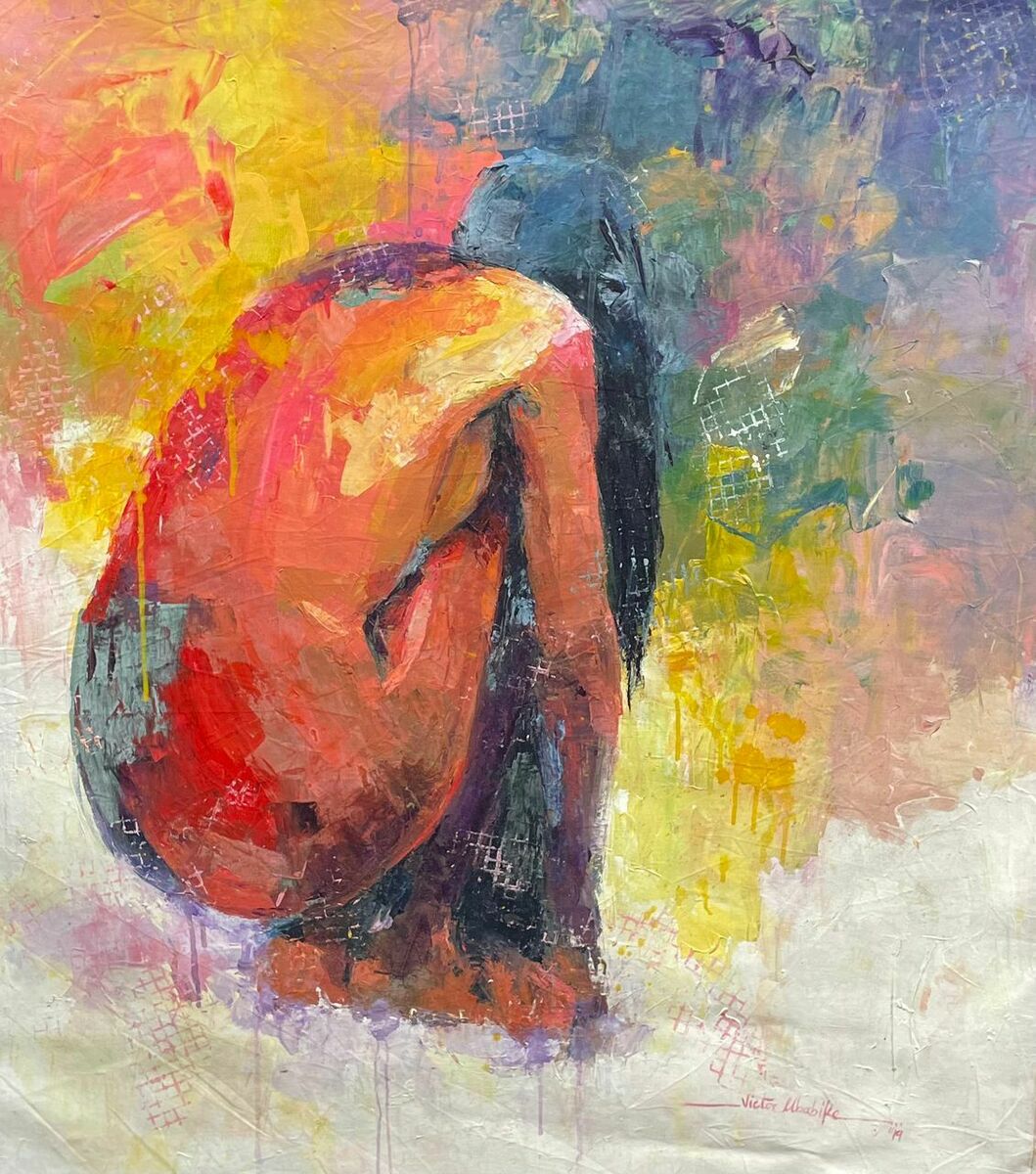 Solace II" by Victor Ubabike is a contemporary Nigerian abstract painting featuring a nude female figure seated with knees to chest, head lowered, and surrounded by vibrant reds, yellows, pinks, and blues with expressive brushstrokes.