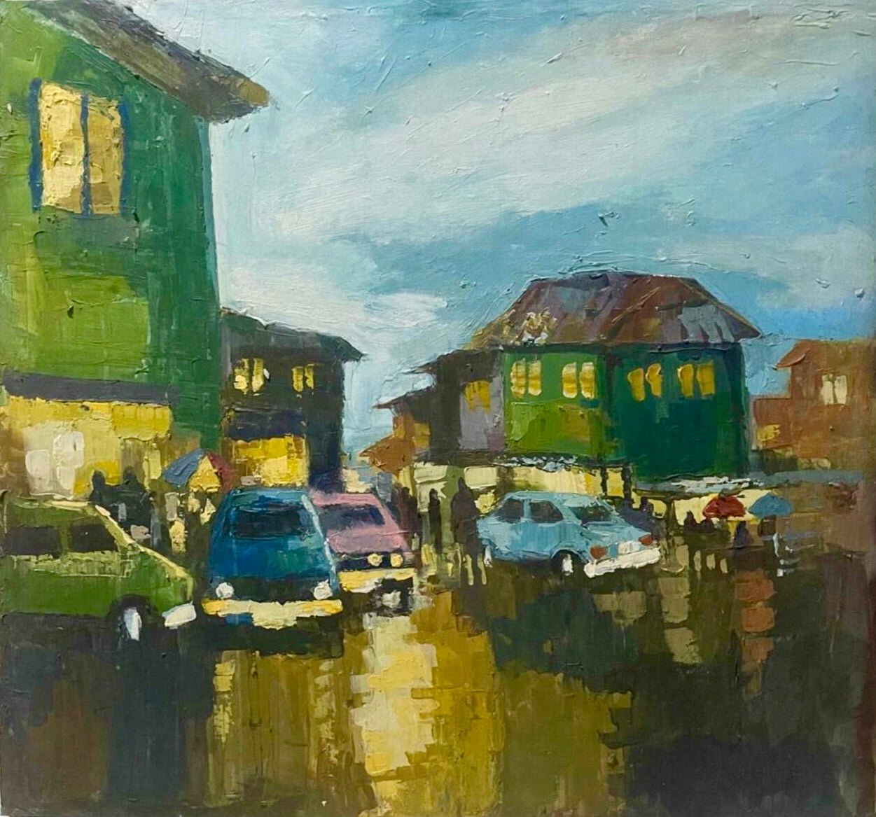 Somewhere in Ibadan" by Pitar Alakhume is an impressionist painting of a rainy street at dusk, with cars, people under umbrellas, and glowing green buildings. This evocative artwork includes a certificate of authenticity.