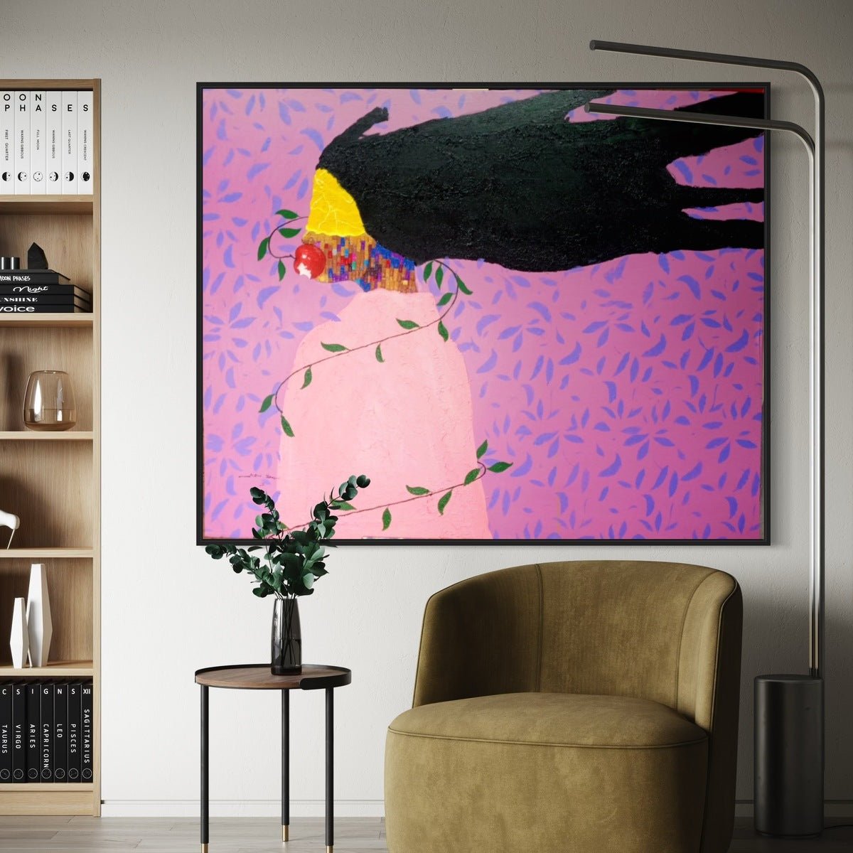 A modern living room featuring "Soul" by Slam Austin, a large colorful acrylic on canvas with a pink figure, dark abstract bird, and leafy vines on a pink patterned background. Hand-signed by the artist and includes certificate of authenticity.