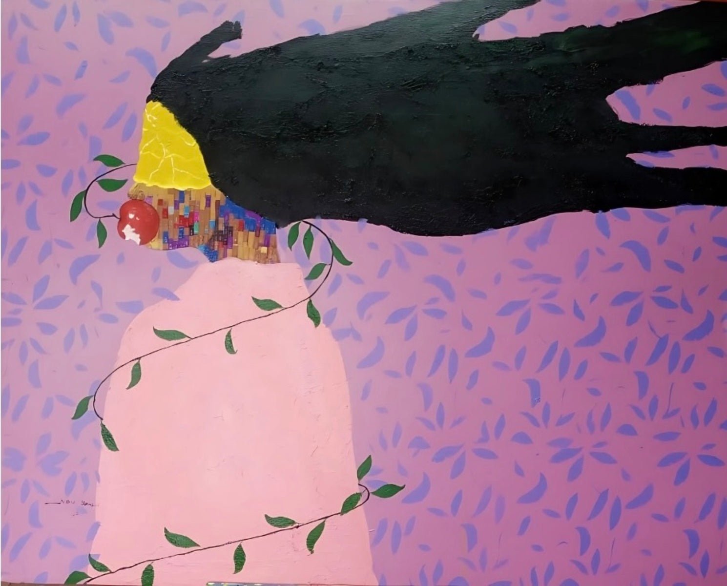 Acrylic on canvas, "Soul" by Slam Austin depicts a figure in a pink robe with a fragmented, colorful face and large black shape extending from the head, surrounded by green vines on a lavender background with blue leaf motifs.