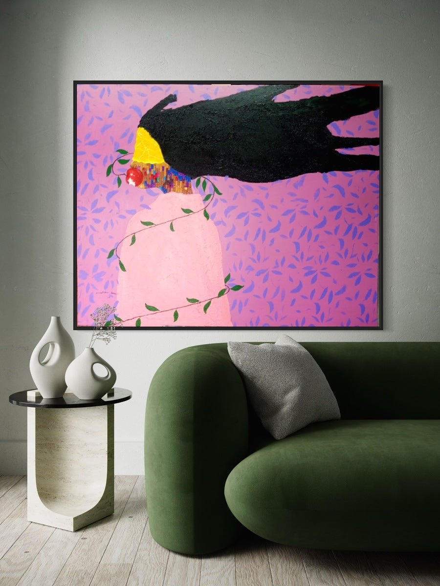 A modern living room features a green sofa, marble side table with vases, and "Soul" by Slam Austin—a large, hand-signed acrylic on canvas painting of a black bird with a yellow head against a purple background.