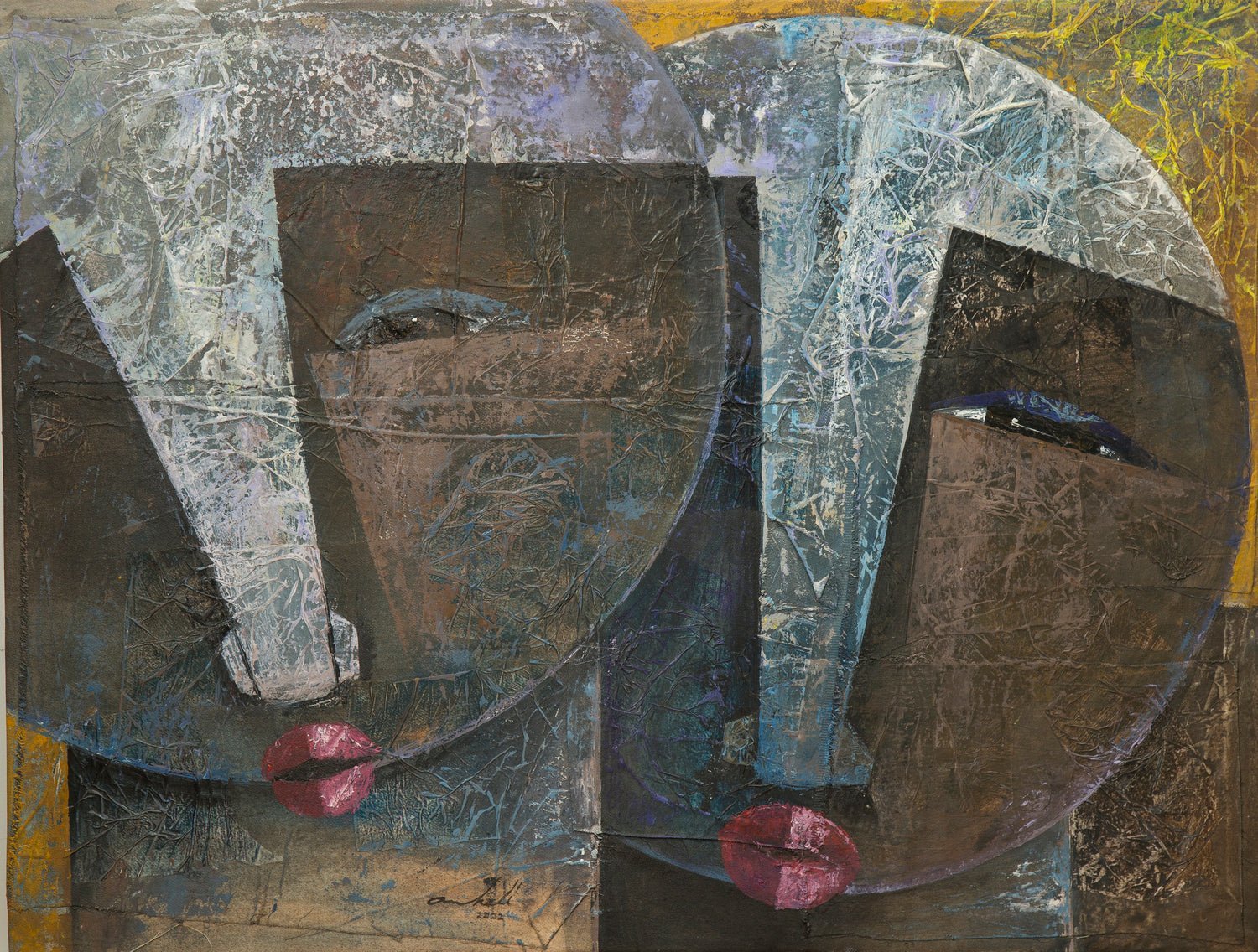 Sour Ties" by Christopher Ankeli is a unique acrylic collage painting featuring two stylized faces with geometric shapes, textured surfaces, bold red lips, and closed eyes on a multicolored background.