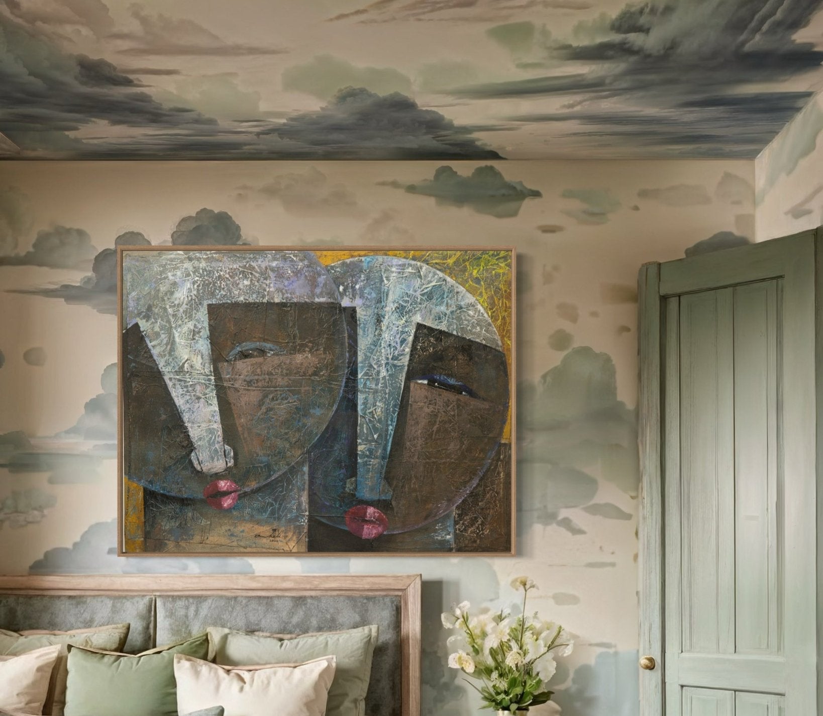 A bedroom with cloud murals and a mint-green door features "Sour Ties," an Abstract Faces Collage Painting by Nigerian artist Christopher Ankeli, above a bed with green and gray pillows, plus a vase of white flowers on the nightstand.