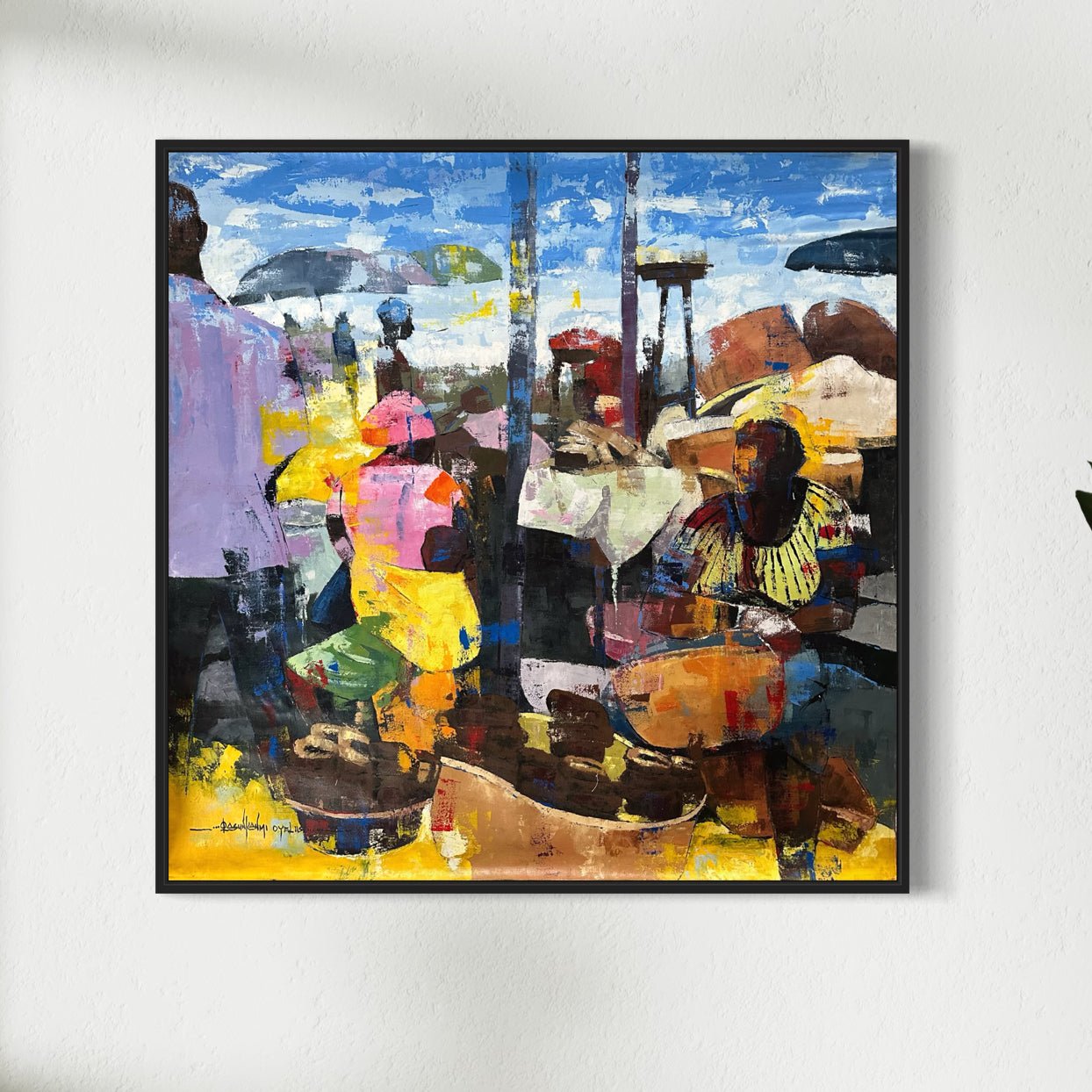 The "Stockfish" painting by Olasunkanmi Oyelusi is a colorful, hand-signed abstract market scene in a black frame, featuring vibrant details. Includes certificate of authenticity. Brand: Olasunkanmi Oyelusi.