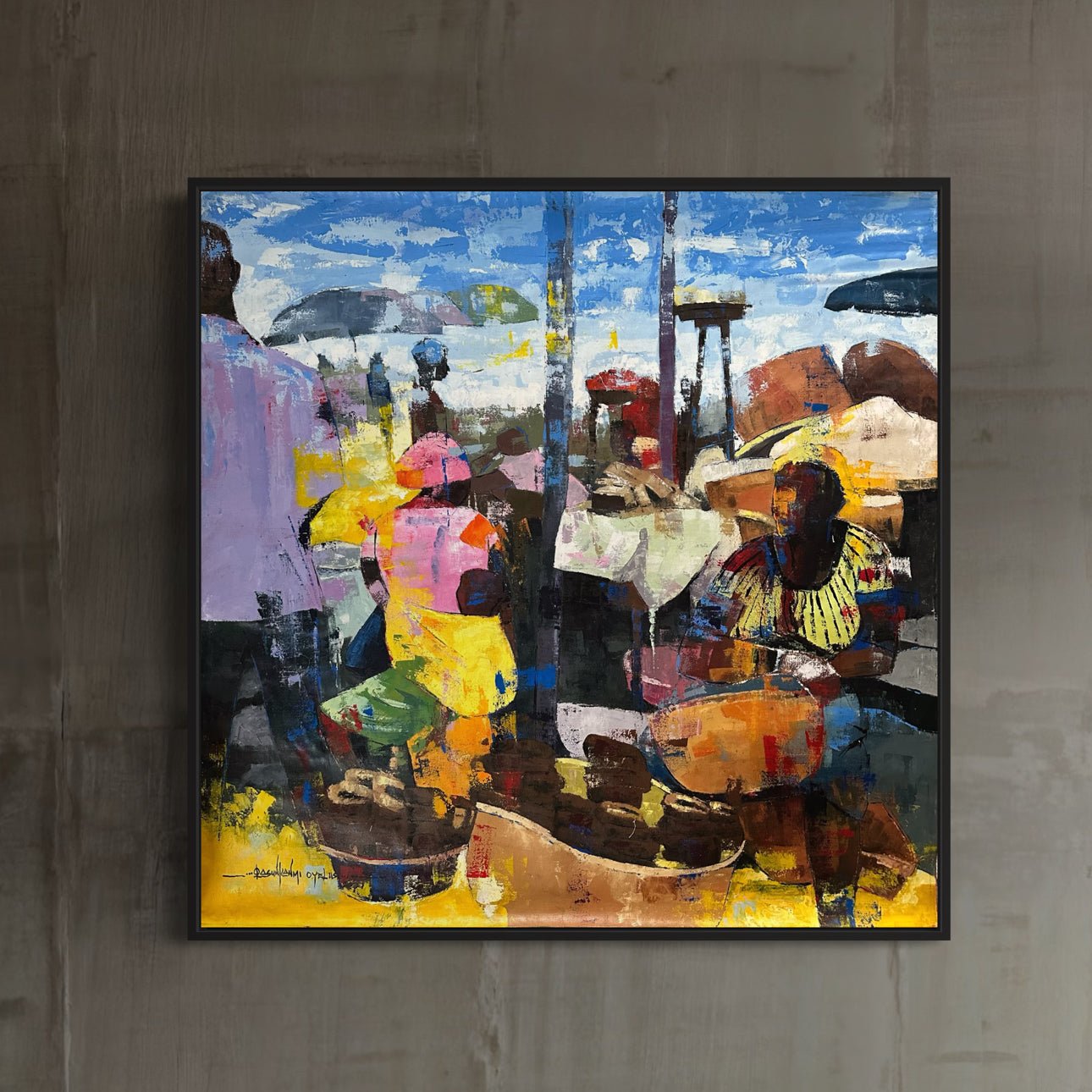 The "Stockfish" painting by Olasunkanmi Oyelusi is a contemporary abstract market scene, hand-signed and framed, with vibrant yellow, blue, pink, and earthy tones. Includes a certificate of authenticity.