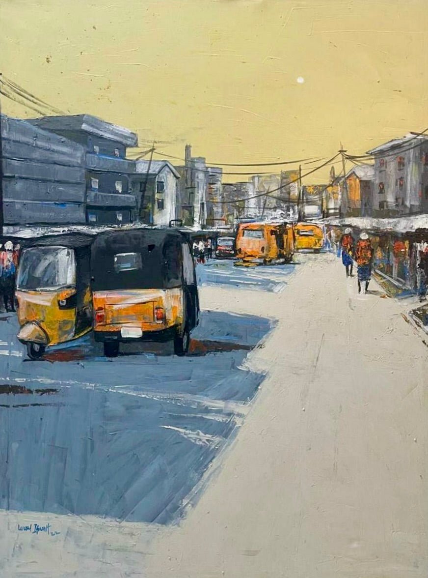 Streets Of Lagos" by Lucky Isaiah is a hand-signed original painting depicting a lively city street with yellow buses, an auto-rickshaw, pedestrians, and tall buildings under a yellowish sky. Includes certificate of authenticity.