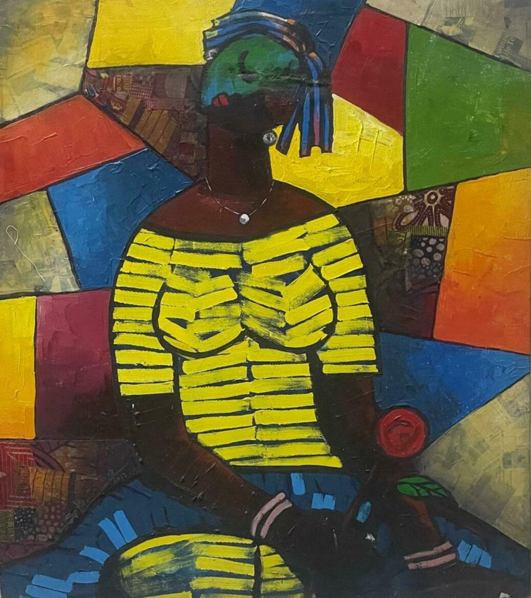 Sum With Flowers" by Sokenu Abayomi is a geometric contemporary figurative painting depicting a seated woman in a yellow striped top, with her face and body in shadow, set against vibrant blocks of red, yellow, green, and blue. Includes certificate of authenticity.