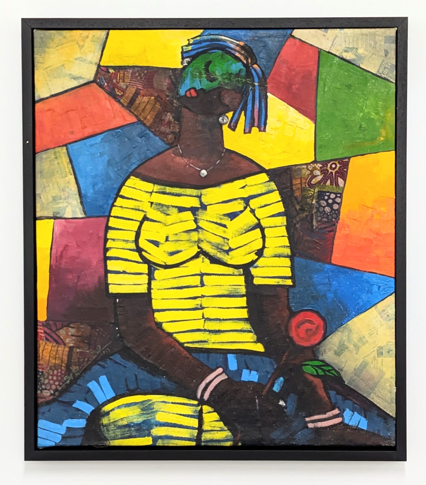 Sum With Flowers" by Sokenu Abayomi: A vibrant geometric contemporary painting features a dark-skinned seated figure in a yellow and blue striped outfit with headscarf, holding a red rose amid bright abstract shapes. Includes certificate of authenticity.