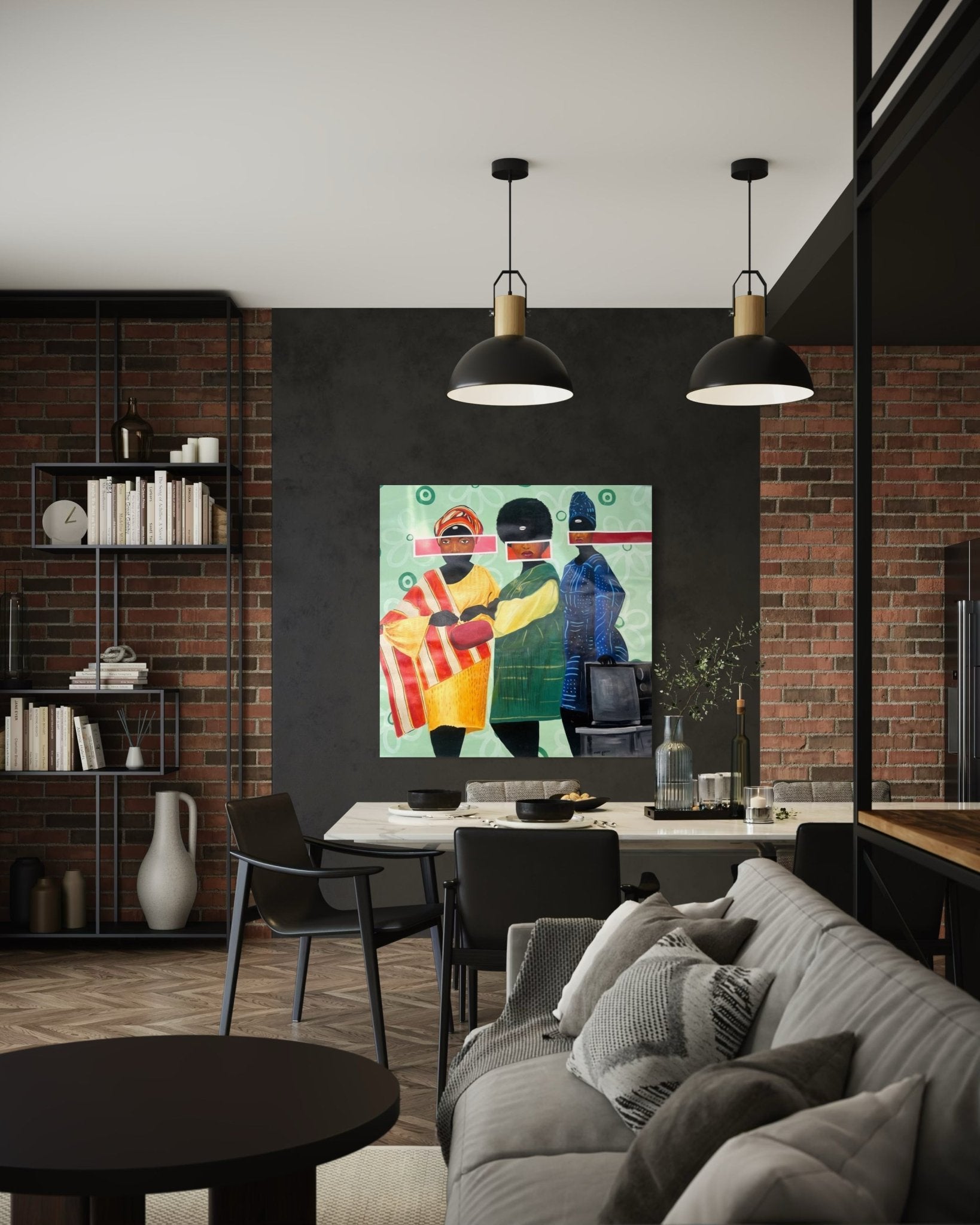 A modern living and dining area features brick walls, open shelves, a grey sofa with cushions, a dining table for four, pendant lights, and "Sunday Best" by Afuope Opeyemi—colorful abstract acrylic on canvas with a certificate of authenticity.