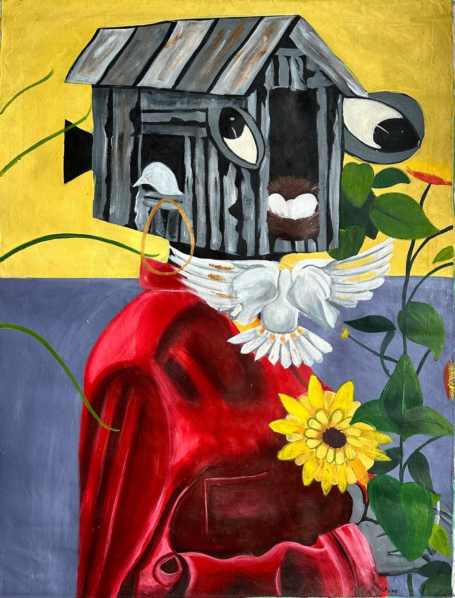 'I'm Home' by Oza O is a 124 x 94cm surrealist painting inspired by African folk art, depicting a red figure with a birdhouse head, doves, green leaves, and a sunflower on a vivid yellow and purple background.