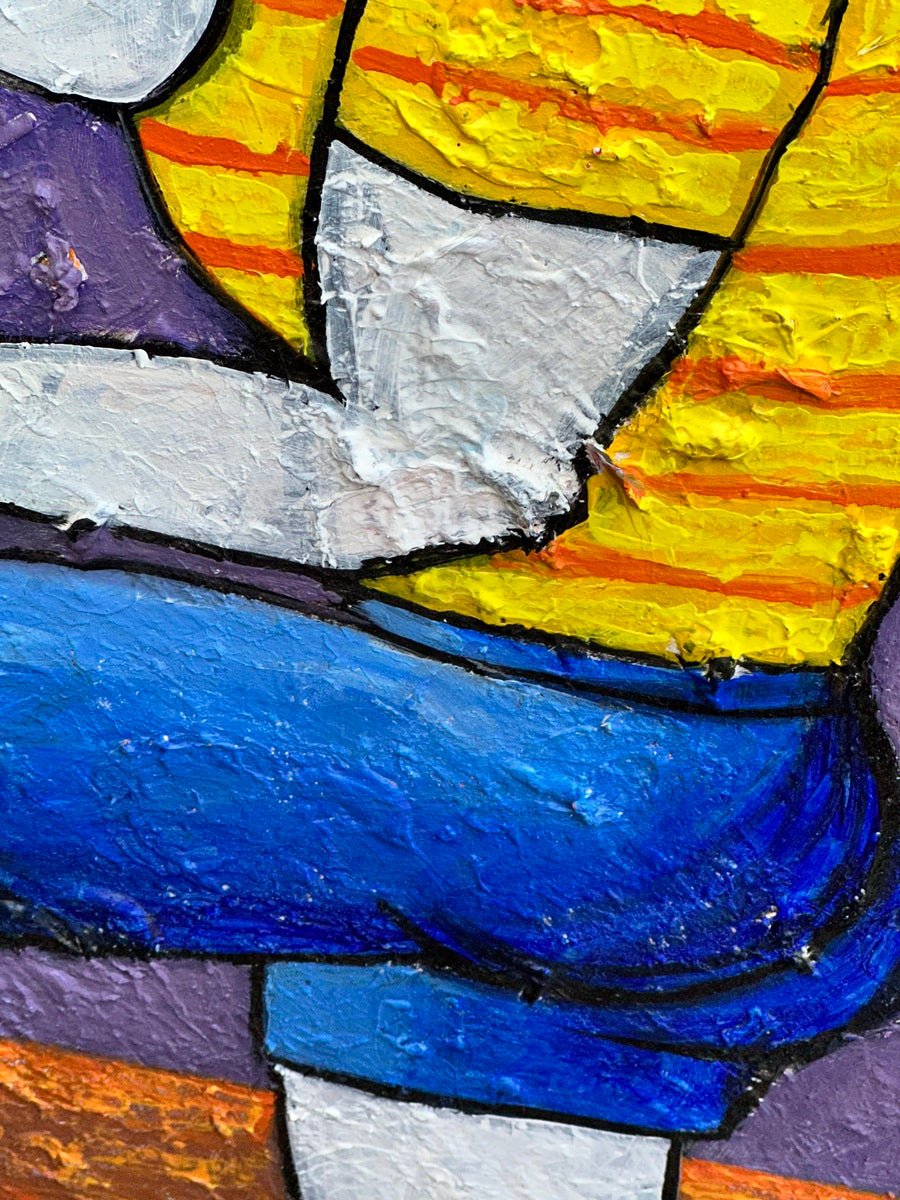 Close-up of "Dance Of Nature" by Achike Anayo, a hand-signed acrylic mixed media artwork depicting a figure in a yellow-orange striped shirt and blue pants with textured brushstrokes on a purple and orange background.