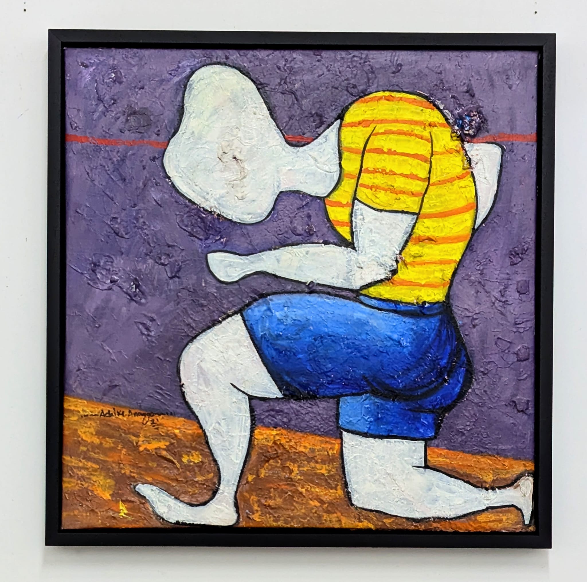 Dance Of Nature" by Achike Anayo features a faceless figure in a yellow striped shirt and blue shorts, kneeling on one knee against a textured purple background. This mixed media acrylic artwork comes in a sleek black tray frame.
