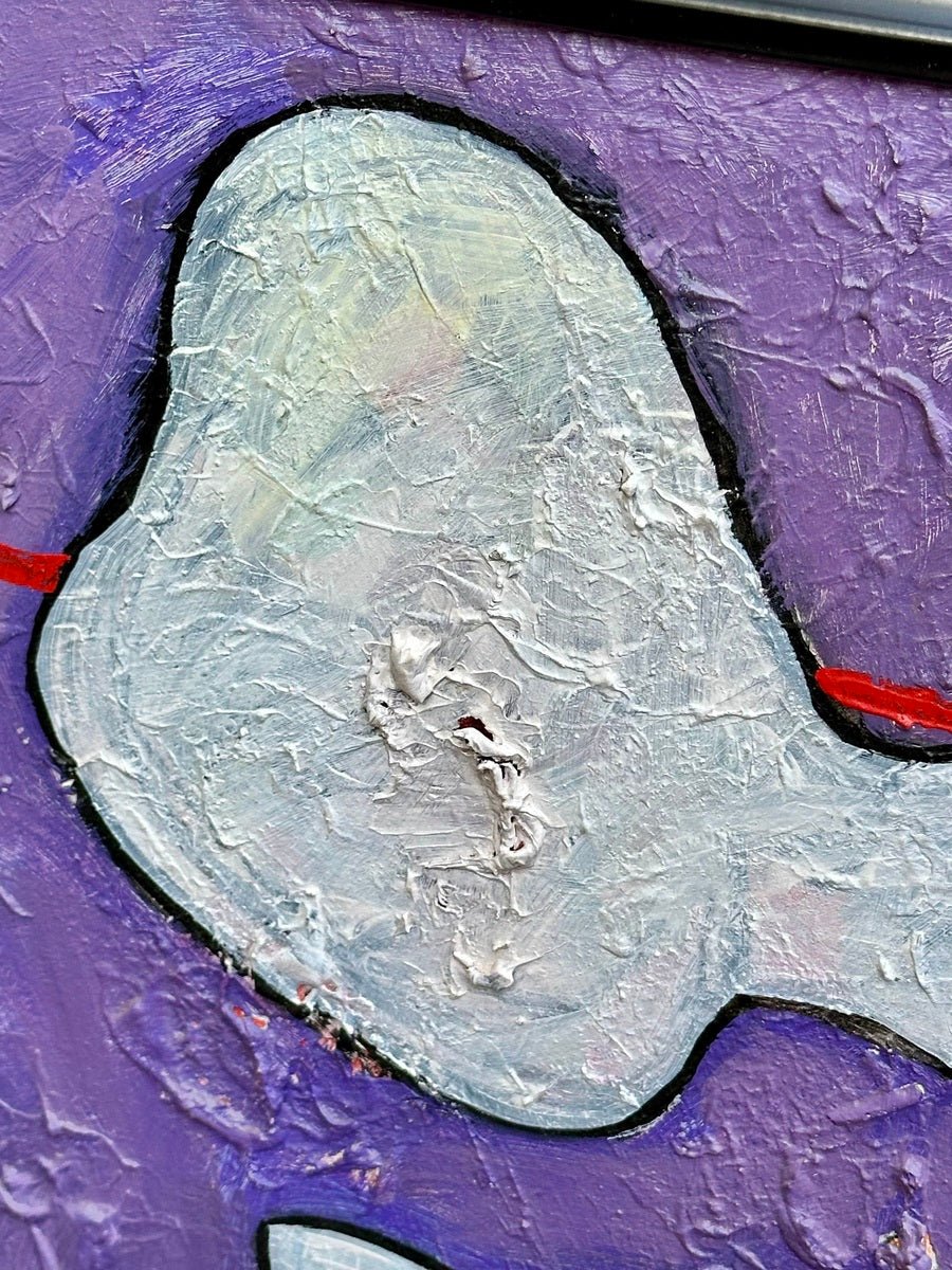 Dance Of Nature" by Achike Anayo is a textured mixed media acrylic painting featuring a thickly painted abstract white form outlined in black on a purple background with a striking red line, all presented in a sleek black tray frame.