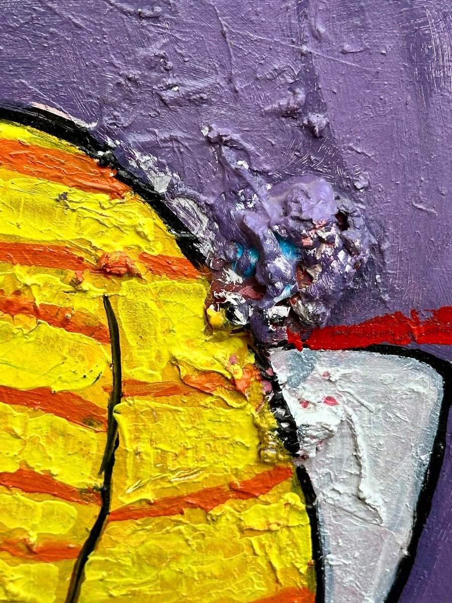 Close-up of "Dance Of Nature" by Achike Anayo shows colorful, textured mixed media acrylic with yellow and orange stripes, a bold white form, rough purple strokes, and red-blue patches above a purple base.