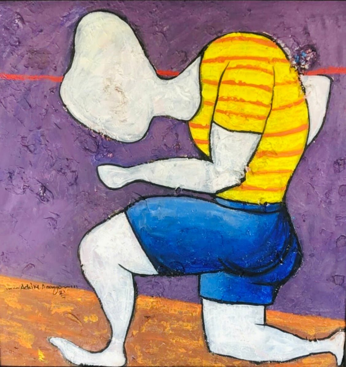 “Dance Of Nature” by Achike Anayo is an abstract mixed media acrylic painting of a faceless figure in yellow stripes and blue shorts, kneeling on one knee against a textured purple background with orange, framed in a black tray.