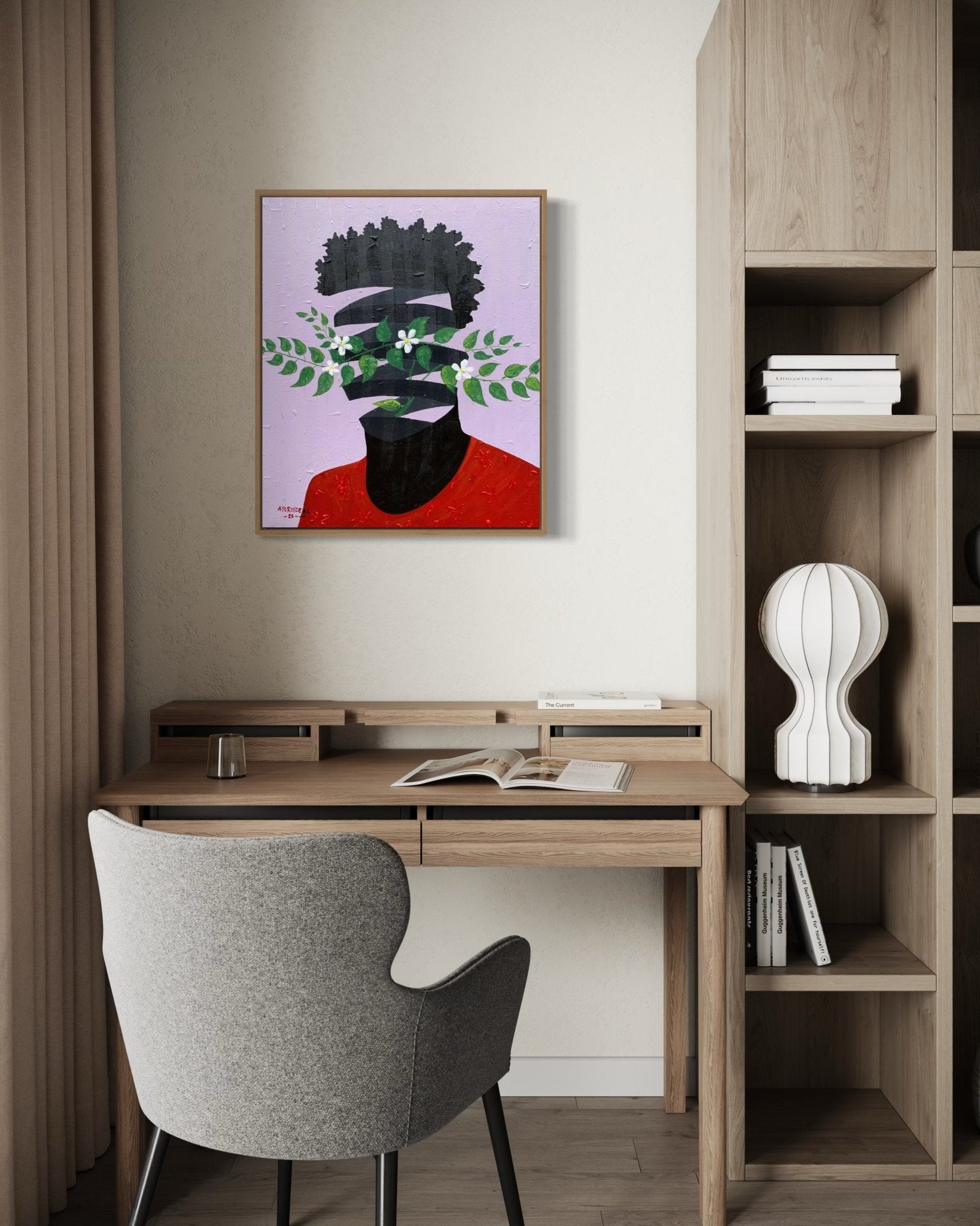 A modern home office with a wooden desk, gray chair, shelves, and a Surrealist Portrait painting by Ayorinde Ayobami Lekan above the desk—depicting a head partly covered by green leaves and white flowers on a light purple background.