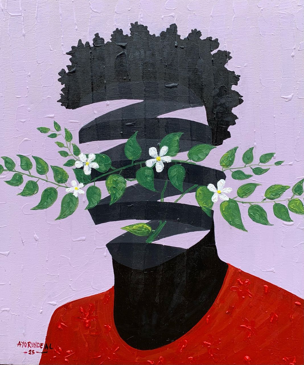 The Surrealist Portrait painting by Ayorinde Ayobami Lekan features a dark-skinned person in a red shirt, their abstractly sliced face replaced by vines and white flowers, set against a light purple background.