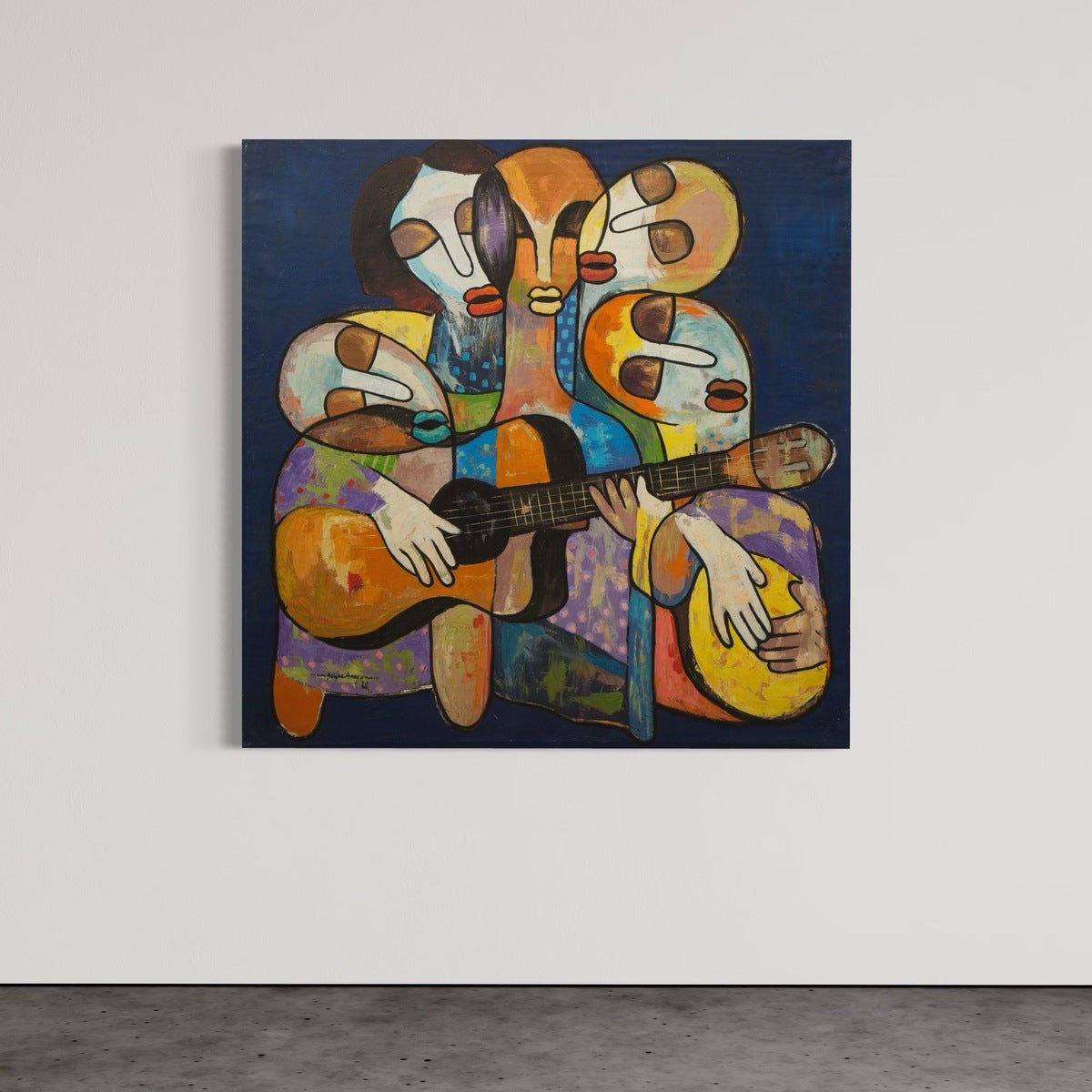 Sweet Tunes by Achike Anayo is a vibrant acrylic on canvas depicting six elongated, faceless figures with closed eyes and red lips playing guitars on a dark blue background. Hand-signed and includes a certificate of authenticity.