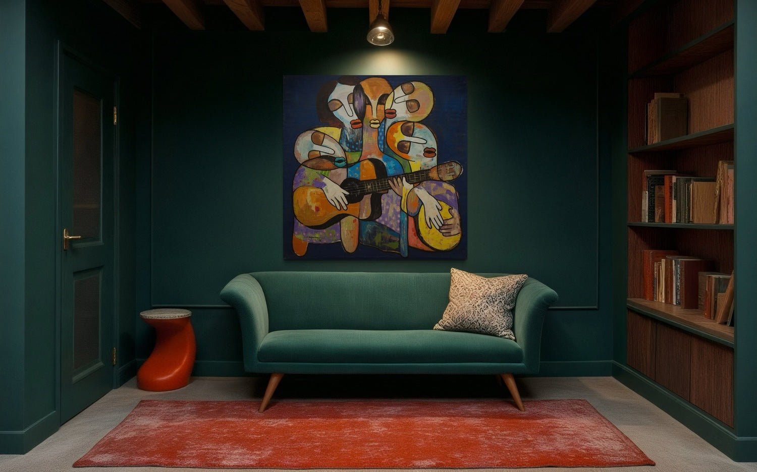 A stylish room with dark green walls, a teal sofa, and a bookshelf features Sweet Tunes by Achike Anayo—a colorful abstract acrylic painting of a guitar player with certificate of authenticity—hung above the sofa.