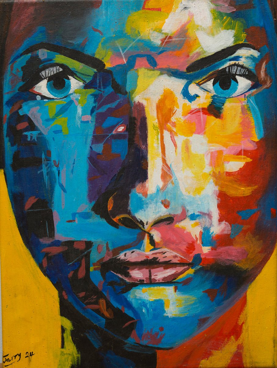 Acrylic on Canvas Colourful Miniature Portrait "Colour Of Beauty" by Ademola Jerry features bold blue, yellow, red, orange, and white patches on a yellow background with expressive eyes, hand-signed by the artist.