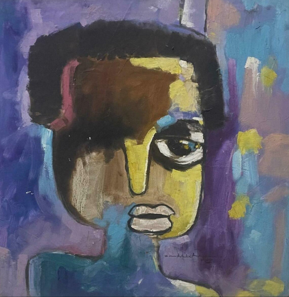 ‘The Face’ by Achike Anayo is an abstract portrait featuring exaggerated facial features, a large dark eye, and full lips on a bold blue, purple, and yellow background. Includes a certificate of authenticity.