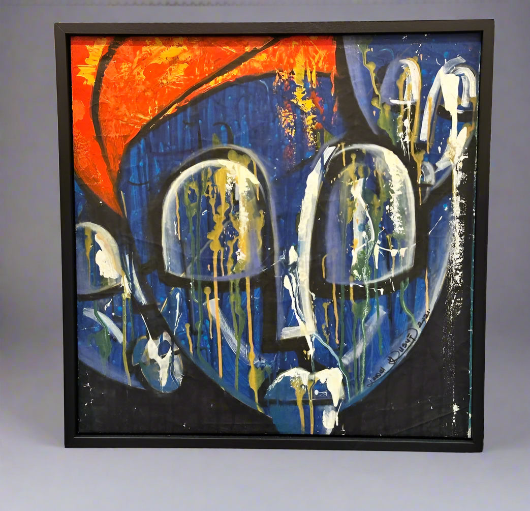 The Face Of Culture" by Yusuf Lawal is a framed acrylic on canvas featuring a bold, textured abstract face with hollow eyes and mouth, blue and orange hues, white/yellow paint drips, melting effect background. Certificate of authenticity included.