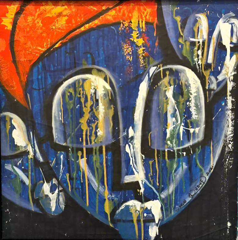 The Face Of Culture" by Yusuf Lawal is a bold, vibrant acrylic on canvas featuring a face with large glasses, orange hat, and blue background. Yellow, white, and green drips create an expressive, messy look in this unique artwork.