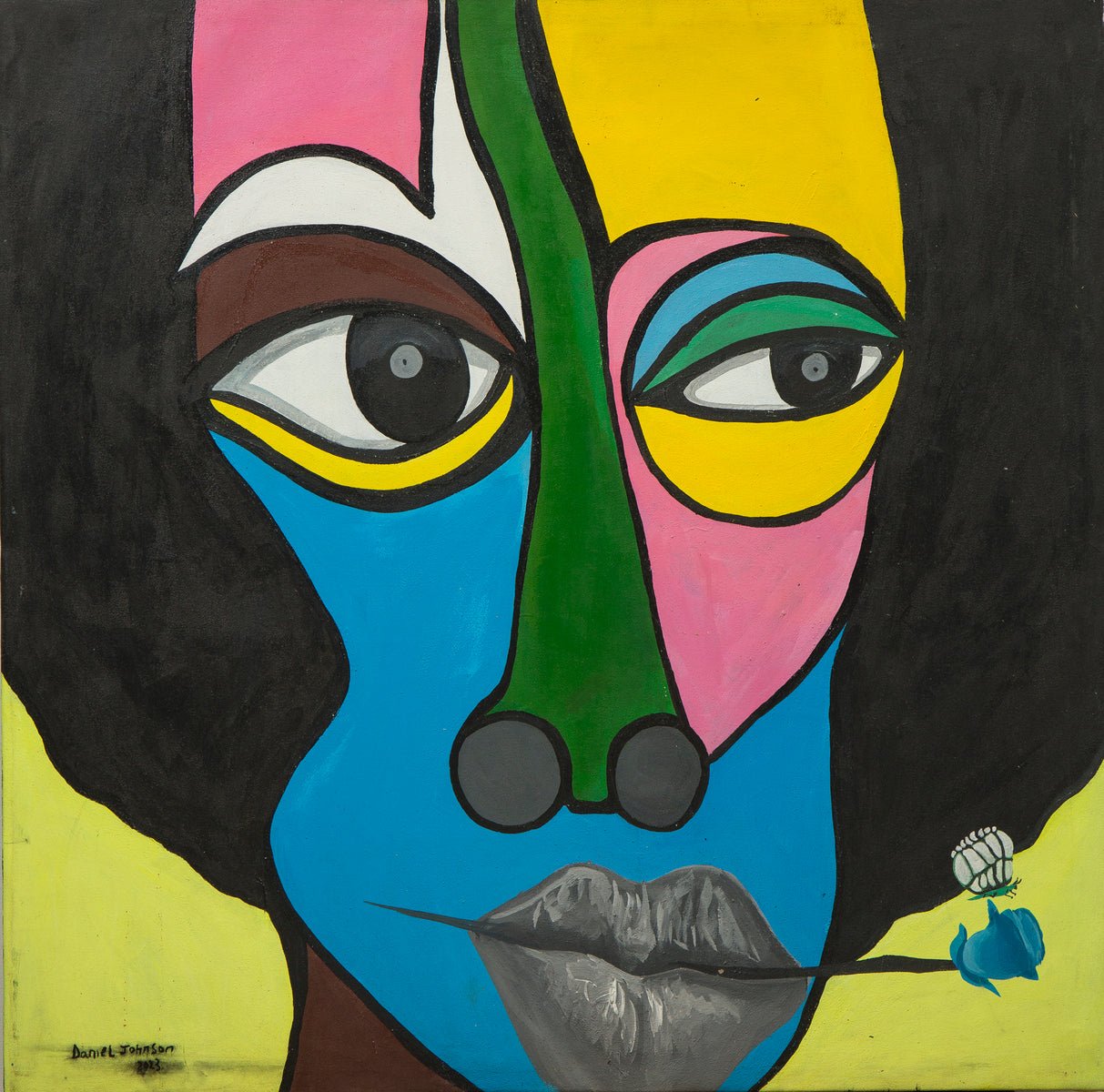 The Flowered Mouth" by Daniel Johnson features an abstract face with colorful geometric shapes, exaggerated eyes, gray lips with a blue flower, and a black afro on yellow. This unique acrylic on canvas artwork comes framed.