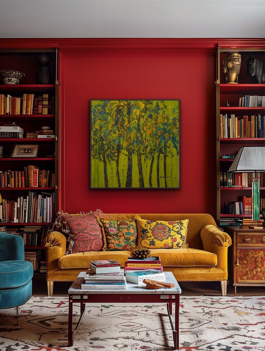 A cozy living room features a mustard yellow sofa, colorful cushions, coffee table, red walls with bookshelves, and the XL original painting "The Forest" by Akhile Ehiforia displayed above the couch.