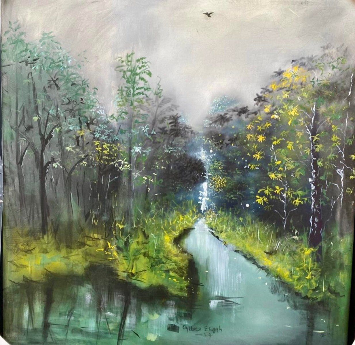 Hand-signed by Oyebisi Elijah, "The Great Outdoors" depicts a serene forest with tall trees, yellow flowers, a stream reflecting lush greenery, and a single bird soaring above the misty landscape beneath a cloudy sky.