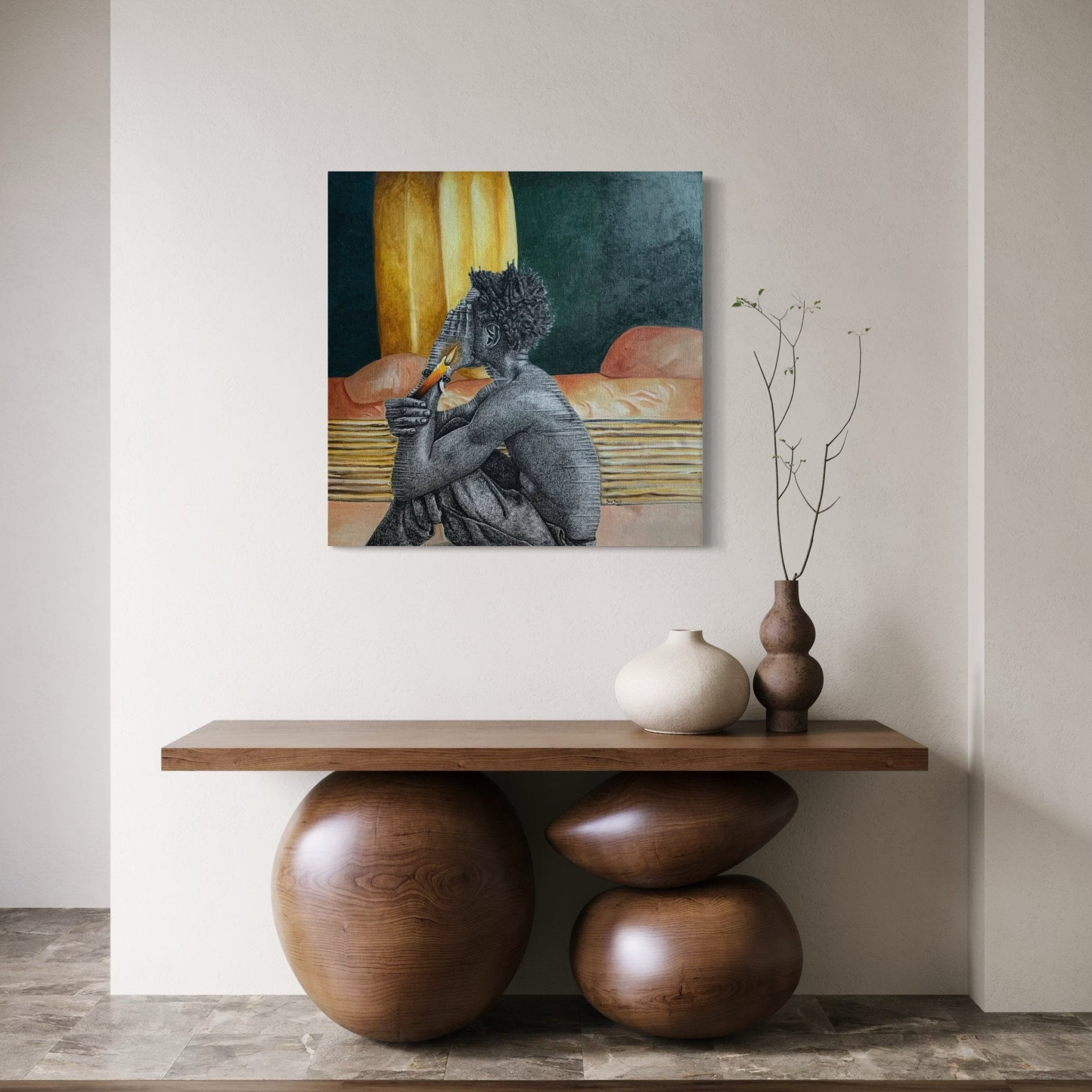 A modern interior with a wooden console table, three vases, and a branch. Above, 'The Lull 1' by Nerat Zion David—a hand-signed charcoal acrylic painting of a seated figure with an abstract background—hangs on the wall.