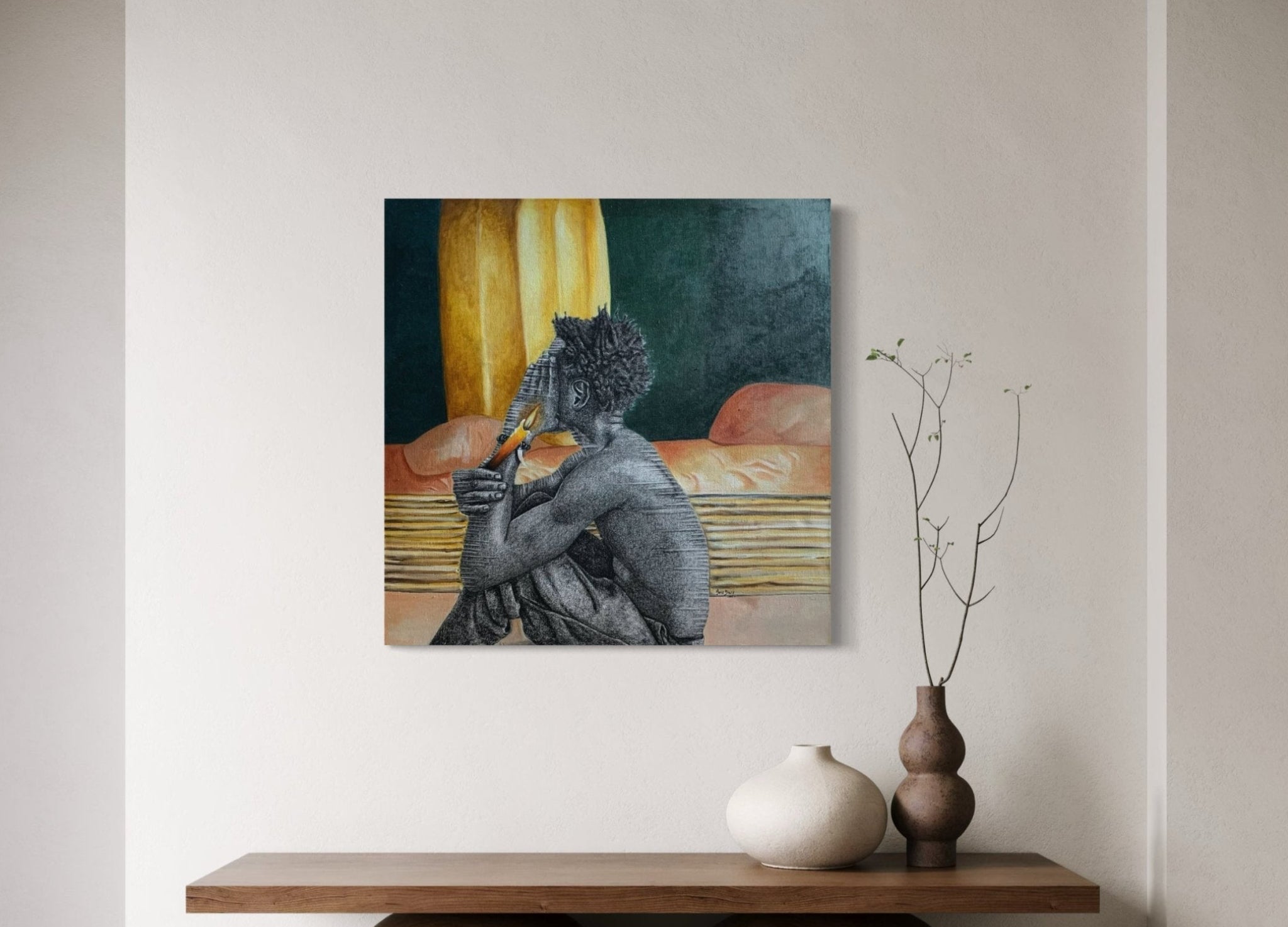 A modern interior with a wooden console table, three vases, and a branch. Above, 'The Lull 1' by Nerat Zion David—a hand-signed charcoal acrylic painting of a seated figure with an abstract background—hangs on the wall.