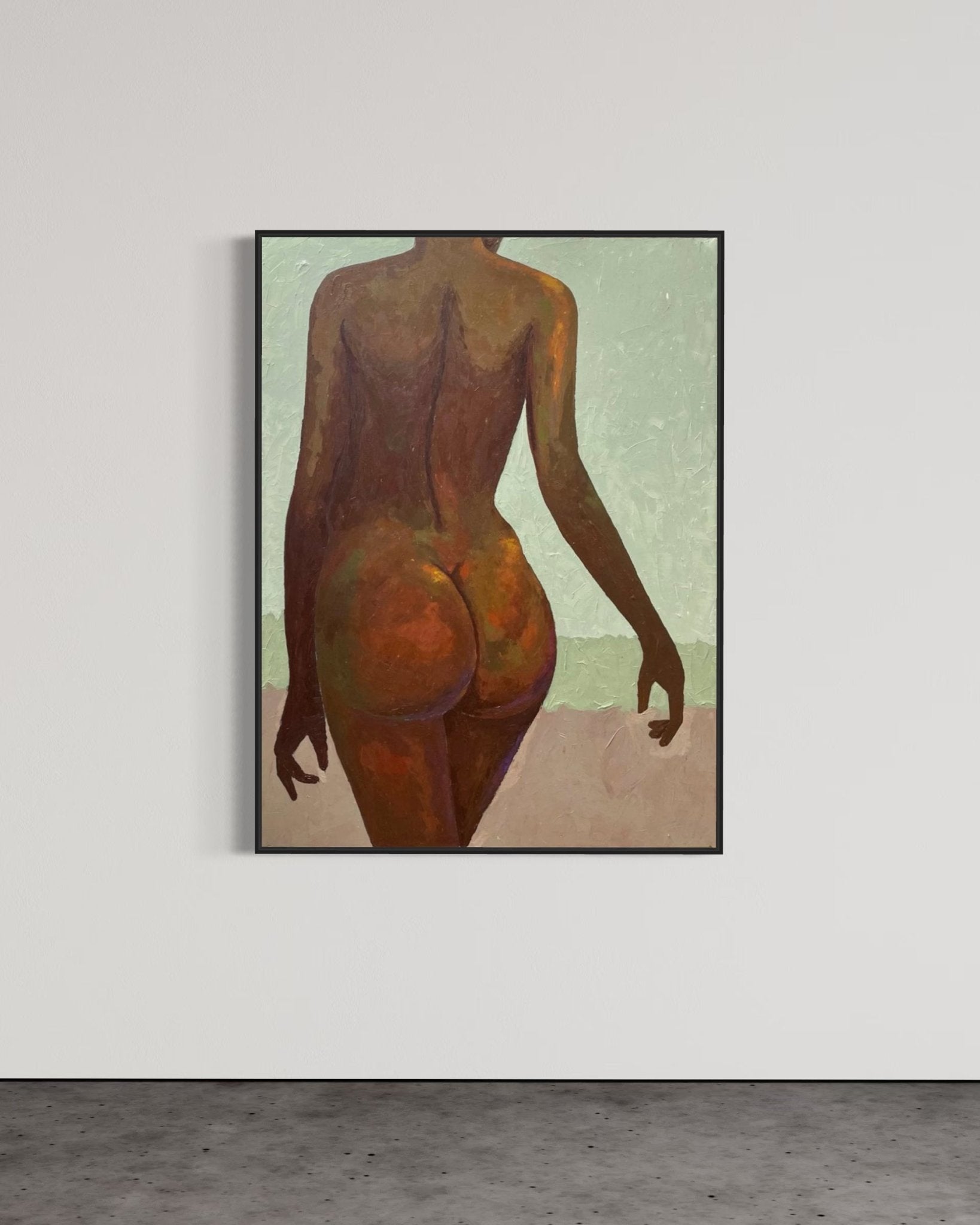 The Temple" by Faith O Sidneu, a hand-signed framed acrylic on canvas, depicts an earthy-toned nude woman from behind with one arm slightly raised. It hangs on a plain white wall above a concrete floor.