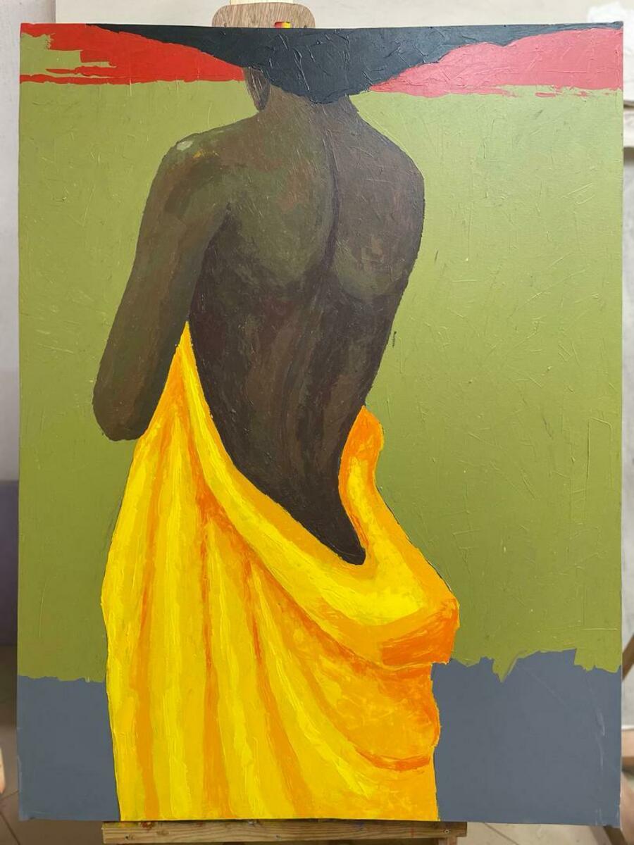 The Yellow Fabric" by Faith O Sidneu: Acrylic on canvas showing a figure with dark skin, seen from behind and draped in vibrant yellow cloth, set against a muted green background with abstract red and gray accents.