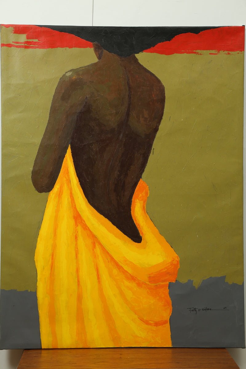 The Yellow Fabric by Faith O Sidneu is an acrylic on canvas featuring a dark-skinned figure, back and shoulders bare, draped in bright yellow cloth against an olive background with a bold red stripe.