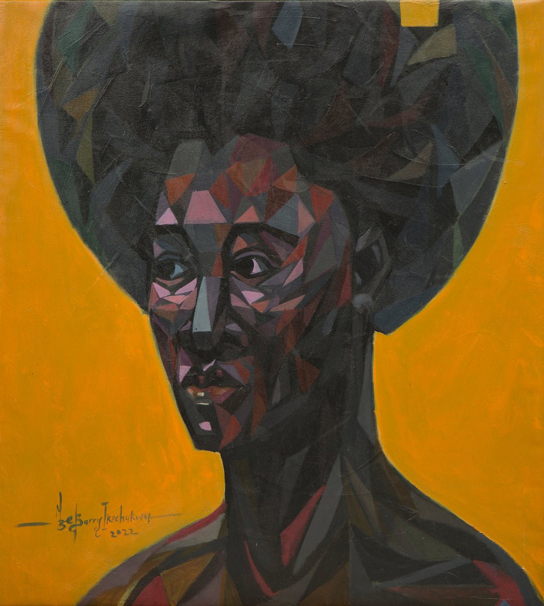 This is Me 2 (Afro Series)" by Barry Ikechukwu is a geometric, abstract acrylic painting of a woman with dark skin and an afro in faceted shapes on yellow. Hand-signed by the artist and includes a certificate of authenticity.