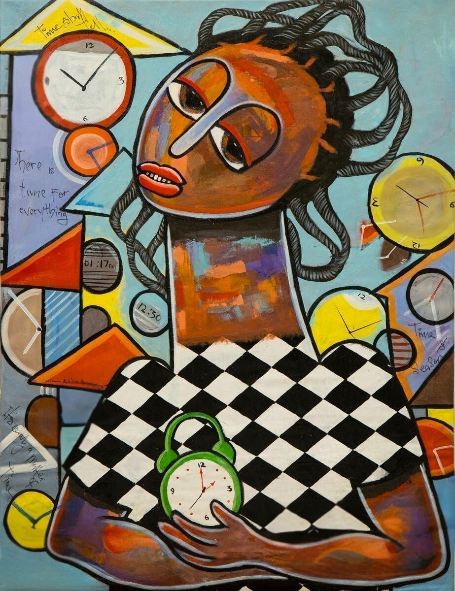 “Time for Everything” by Achike Anayo features a stylized figure with abstract features and braided hair in a black-and-white checkered shirt holding a green clock, set against vibrant clocks and the phrase “There is time for everything.”.