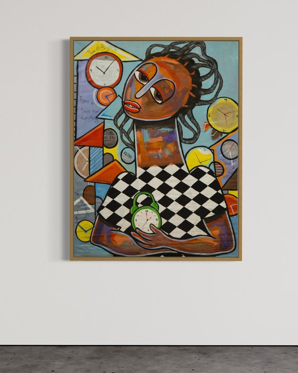 Time for Everything" by Achike Anayo is a vibrant acrylic on canvas featuring a person in a checkered shirt holding a green clock, surrounded by colorful clocks and geometric shapes, framed and displayed on a plain white wall.