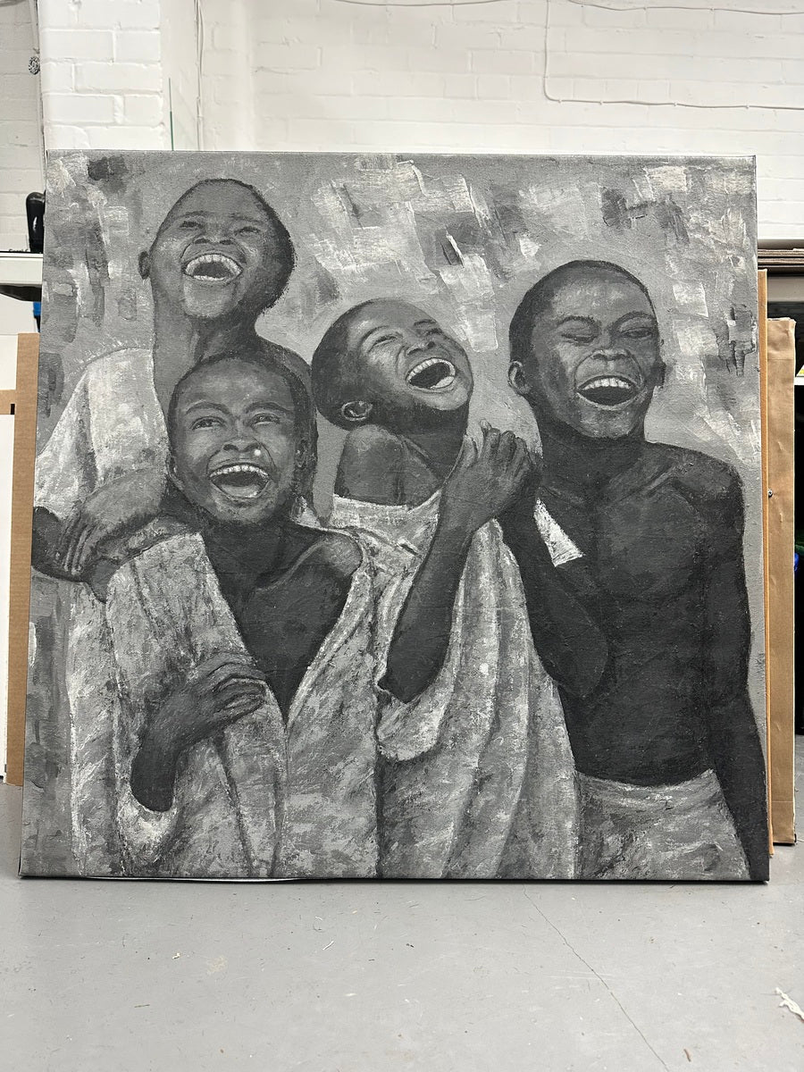 Children laughing joyfully "Together" is a black-and-white acrylic on canvas painting by Saheed Saheed, featuring four smiling children in loose clothing against an abstract, textured background.