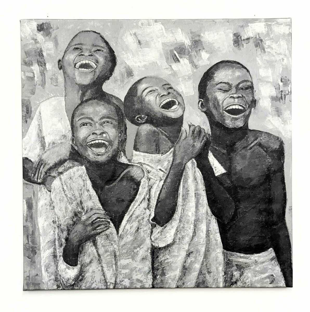 Children laughing joyfully "Together" by Saheed Saheed is a hand-signed black and white acrylic on canvas showing four happy children with wide smiles, set against an abstract background. Includes certificate of authenticity.