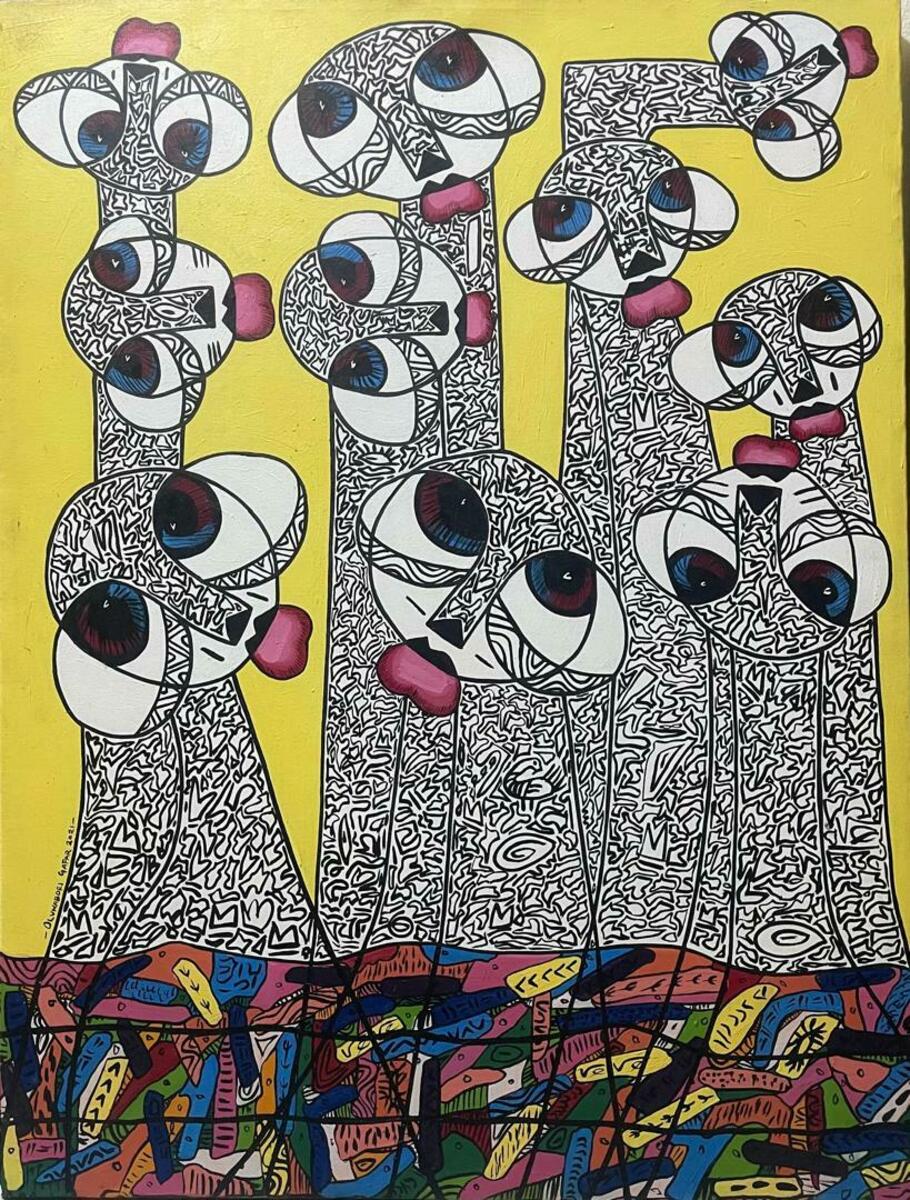 Together We Stand" by Oluwabori Gafar features tall, patterned figures with expressive eyes and pink lips on a bright yellow background. This hand-signed abstract acrylic artwork includes a certificate of authenticity.