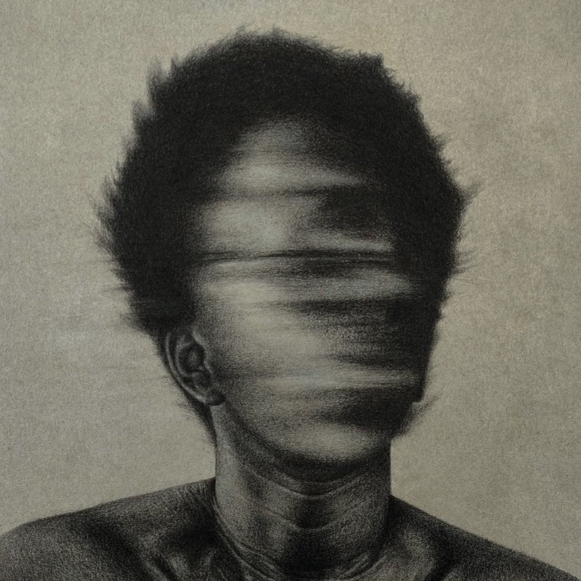 Trauma" by Emmanuel Ugwu is a figurative charcoal drawing of a person with short, tousled hair and a blurred, distorted face that evokes motion and obscurity in contemporary realism against a plain, muted background.