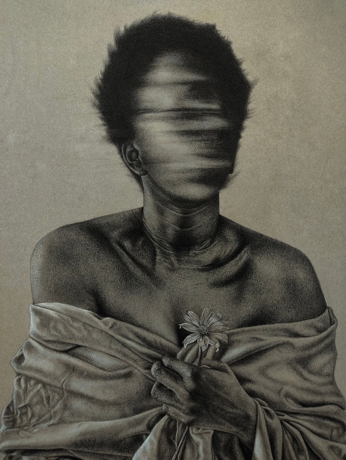 A person with blurred facial features holds a single flower and is draped in cloth, depicted in Emmanuel Ugwu's "Trauma"—a grayscale, textured artwork blending contemporary realism with evocative trauma art.