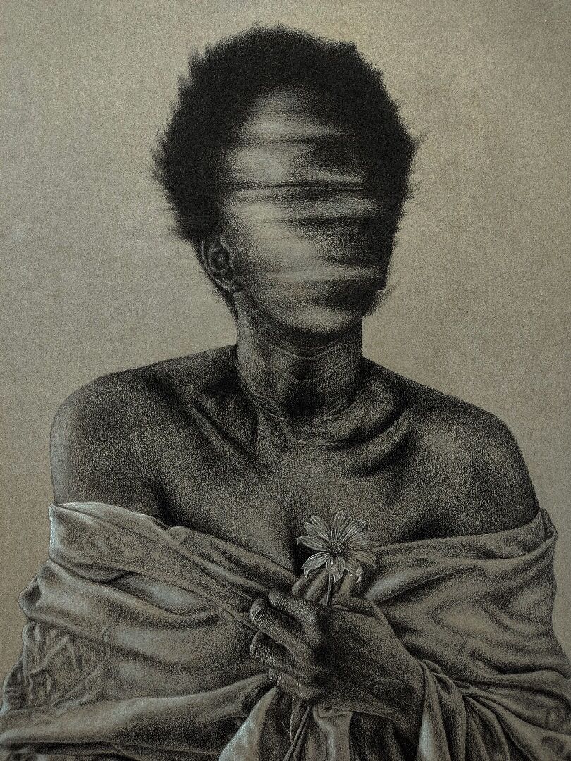 Trauma" by Emmanuel Ugwu is a grayscale artwork depicting a blurred-faced figure draped in fabric, holding a single flower to their chest, evoking distortion and emotional intensity.